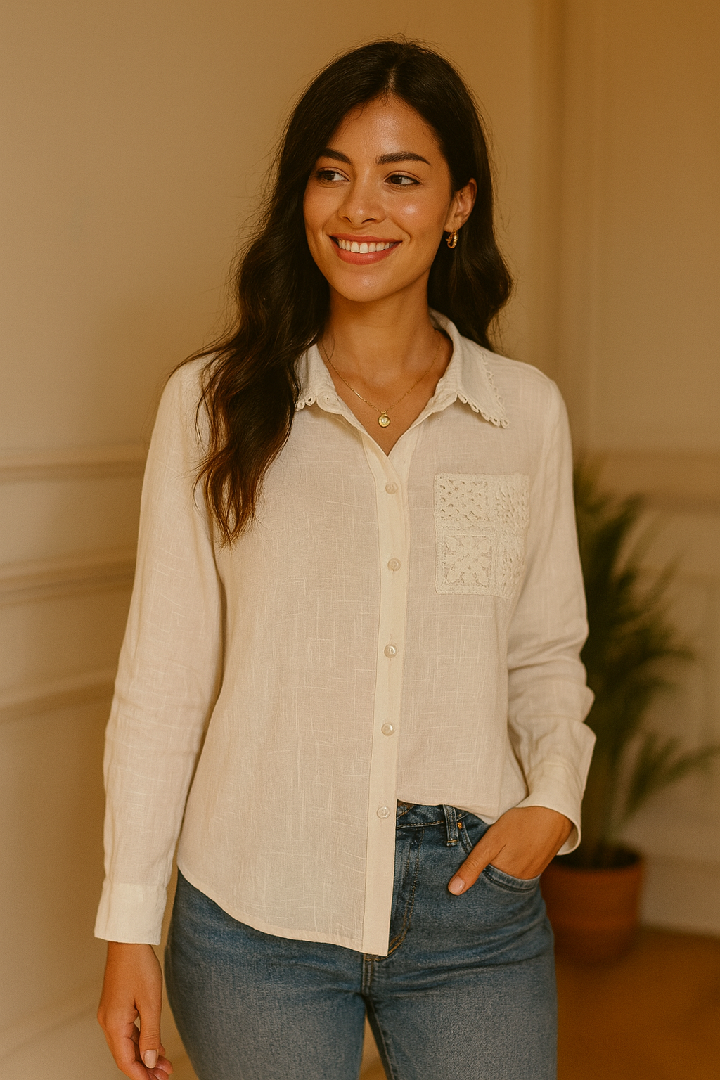 Blusa Camisera con Bolsillo Tejido