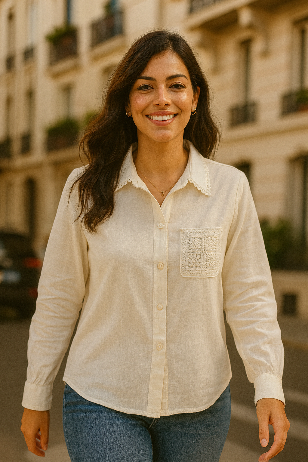 Blusa Camisera con Bolsillo Tejido