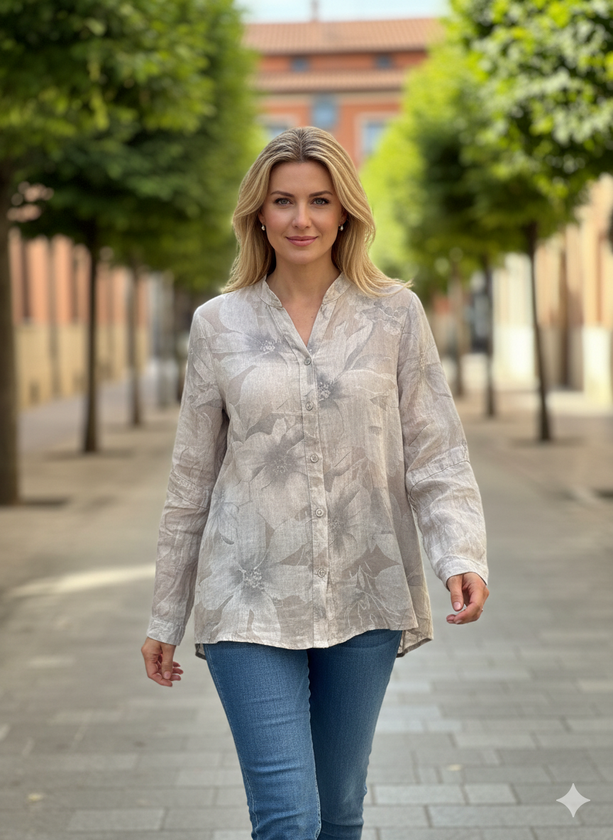 Blusa Lino Caqui Estampado