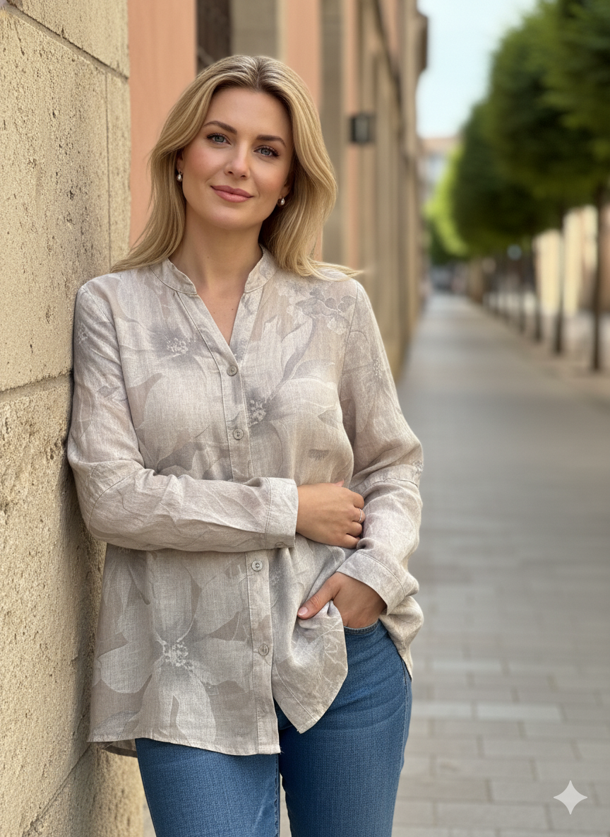 Blusa Lino Caqui Estampado