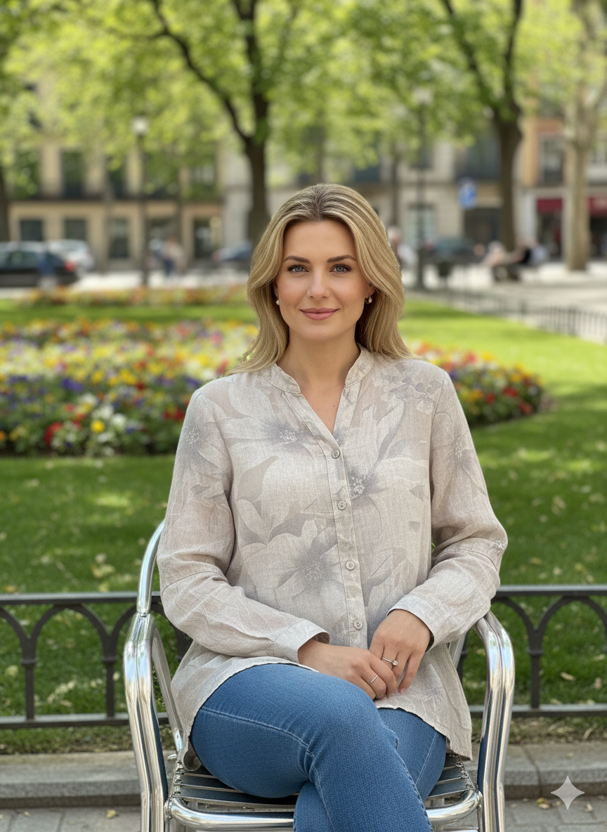 Blusa Lino Caqui Estampado