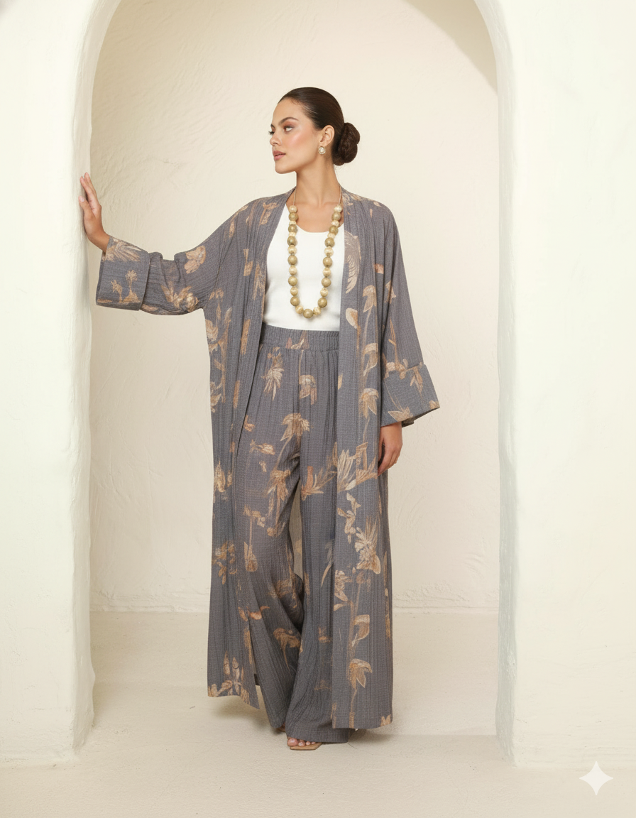 Set de Blusón Largo y Pantalón gris con flores estampadas