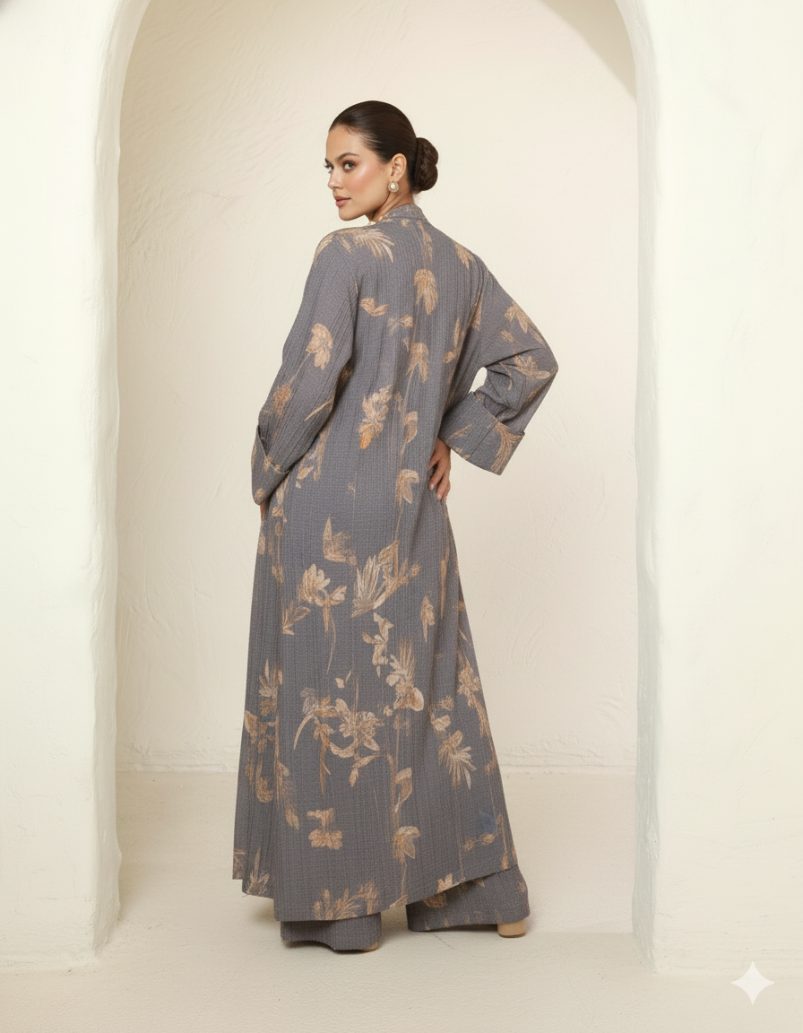 Set de Blusón Largo y Pantalón gris con flores estampadas