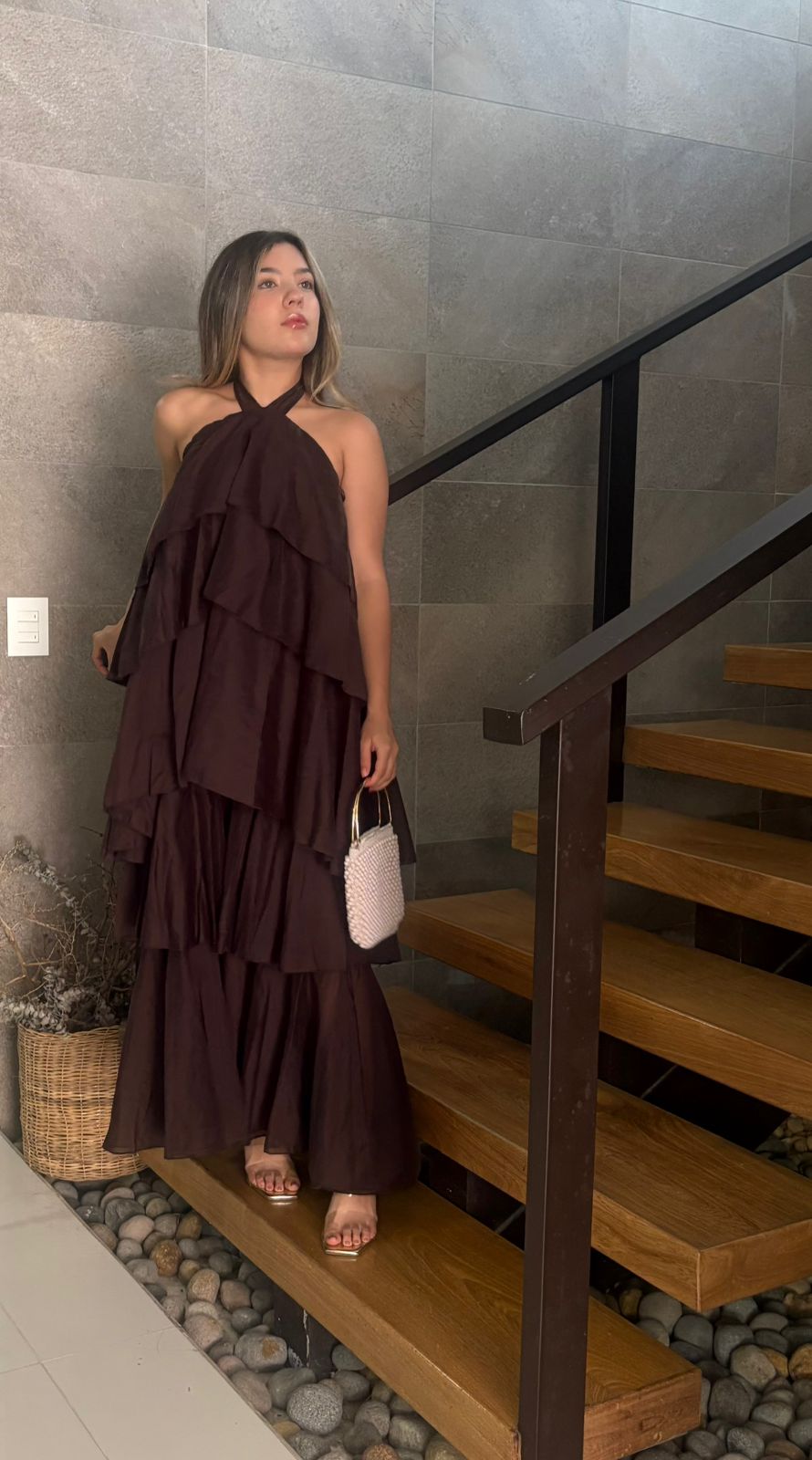 Vestido Juvenil en Capas Color Mocca