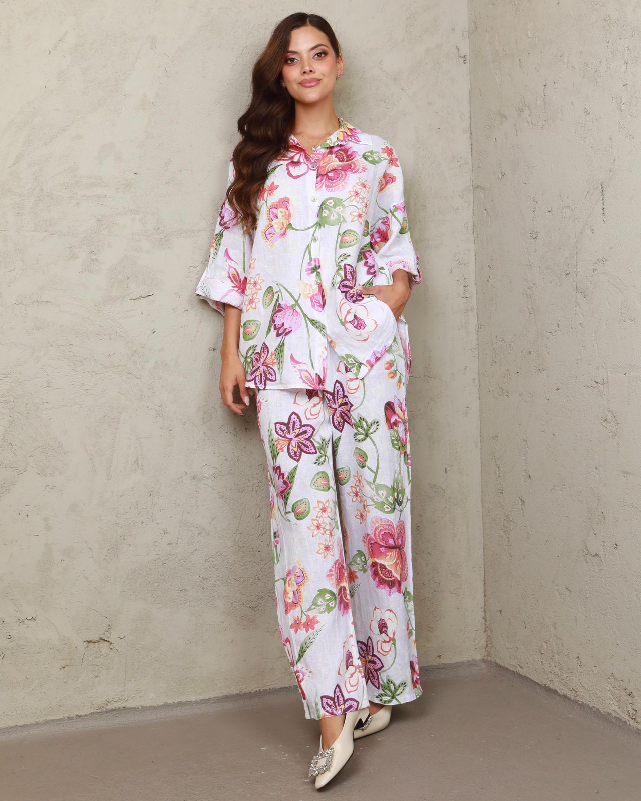 Set en lino estampados blusa y pantalon