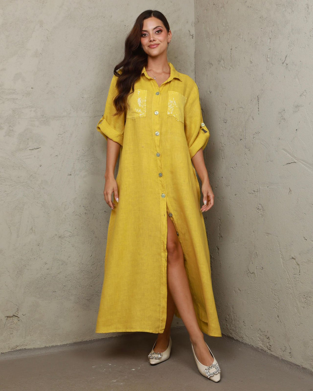 Vestido en Lino Elegante C. Mostaza